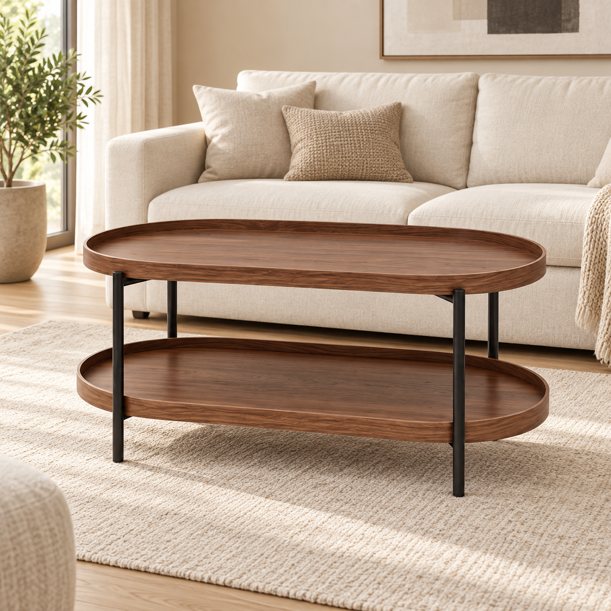 Table basse ovale noyer 90 cm dans un salon contemporain