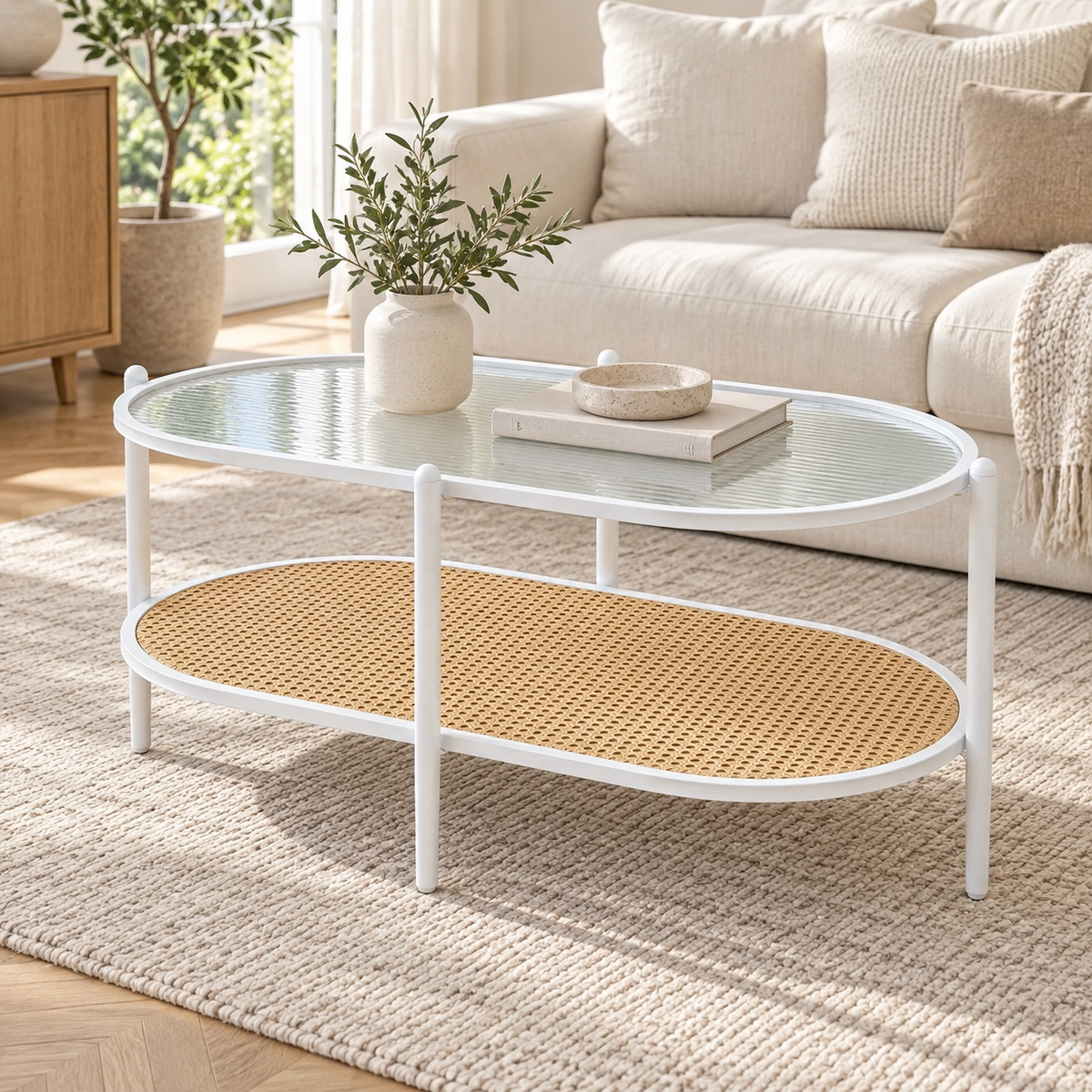 Table basse ovale en verre ondulé et cannage dans un intérieur contemporain