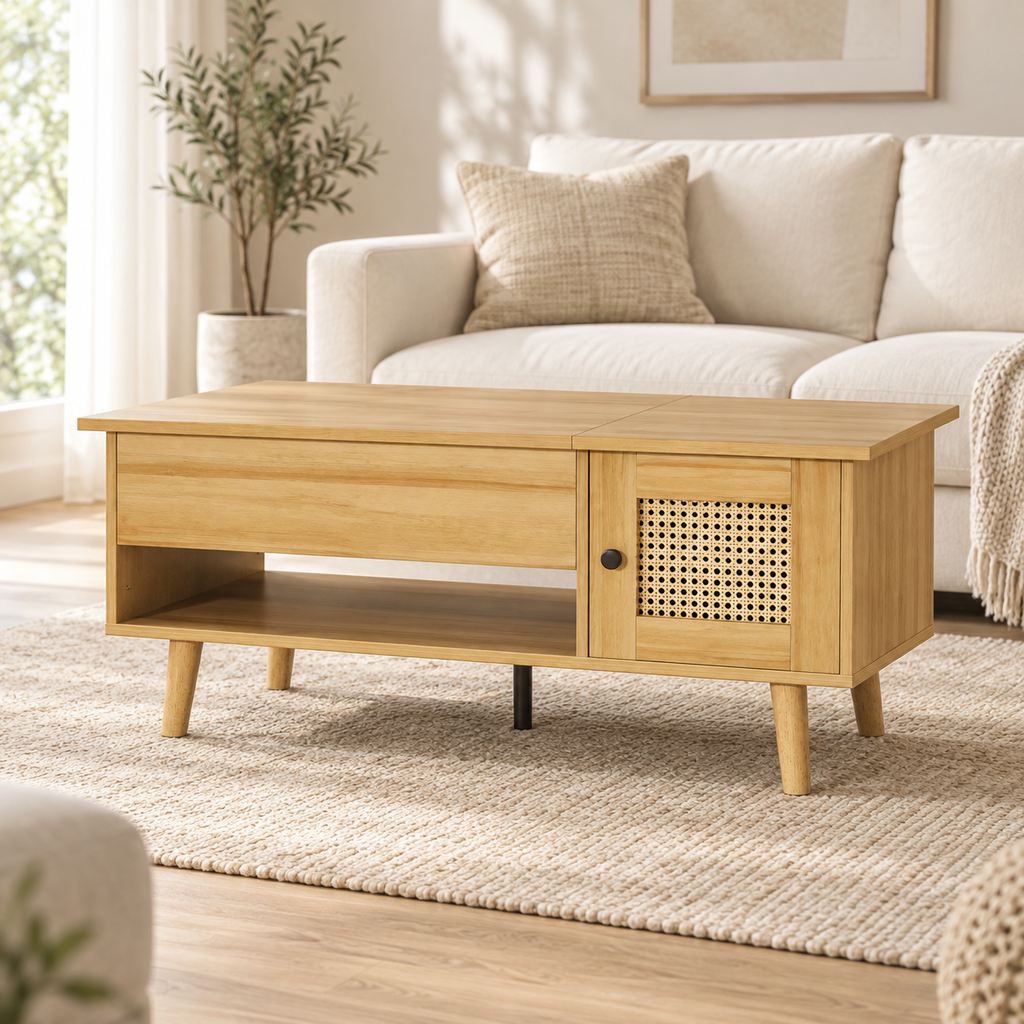 Table basse relevable bois et cannage dans un intérieur contemporain