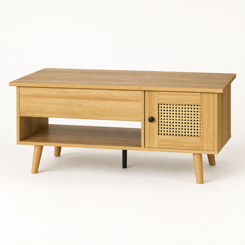 Table basse relevable bois et cannage 103 cm vue trois-quarts