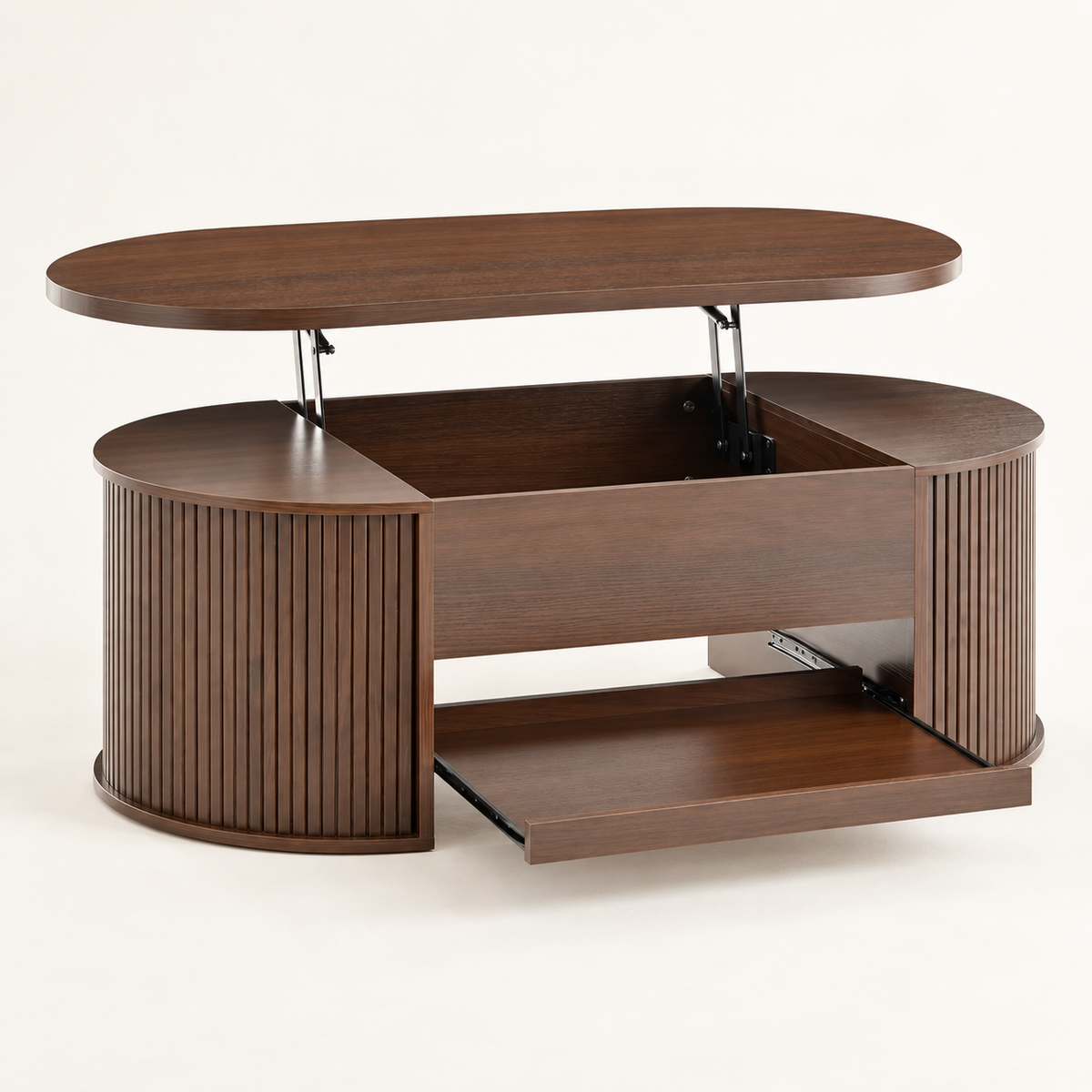 Table basse relevable noyer 110 cm vue trois-quarts avec rangements ouverts