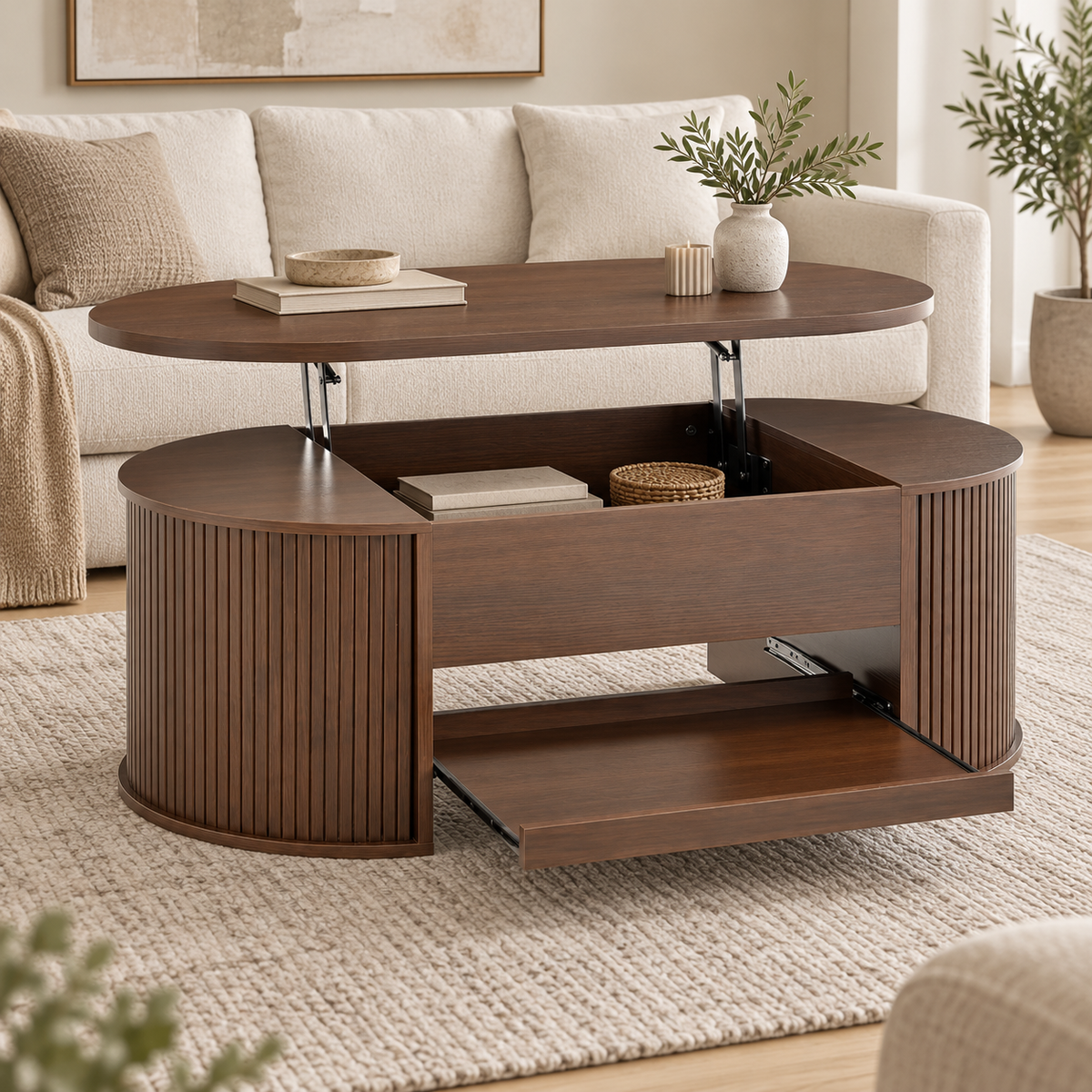 Table basse relevable noyer 110 cm dans un salon contemporain