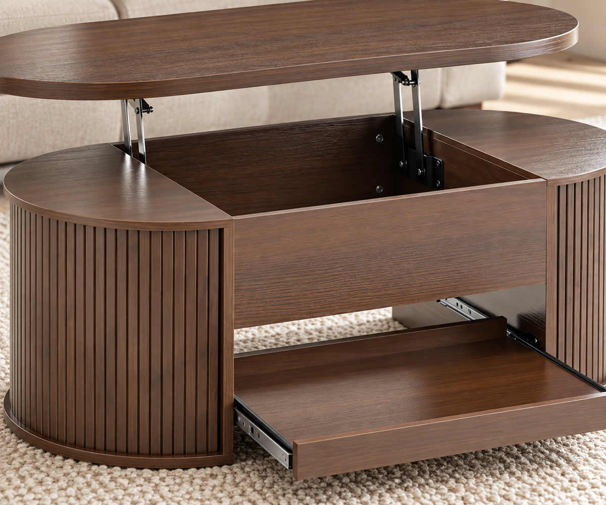 Table basse relevable noyer détail du plateau et des façades cannelées