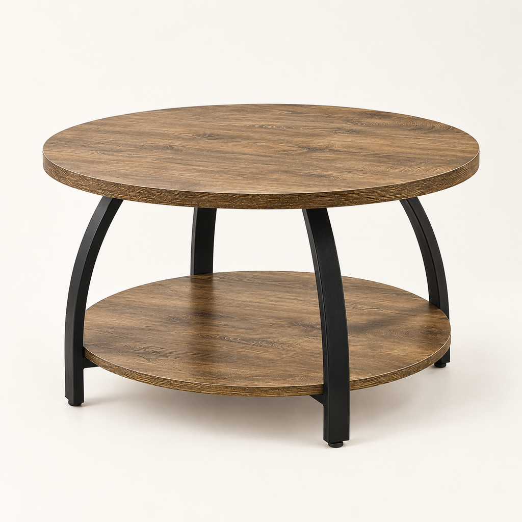 Table basse ronde 80 cm à deux plateaux vue trois-quarts sur fond blanc cassé