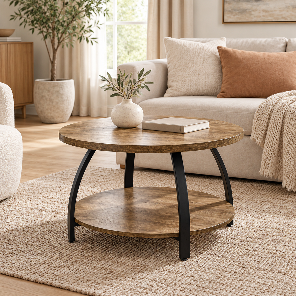 Table basse ronde 80 cm à deux plateaux dans un salon contemporain lumineux