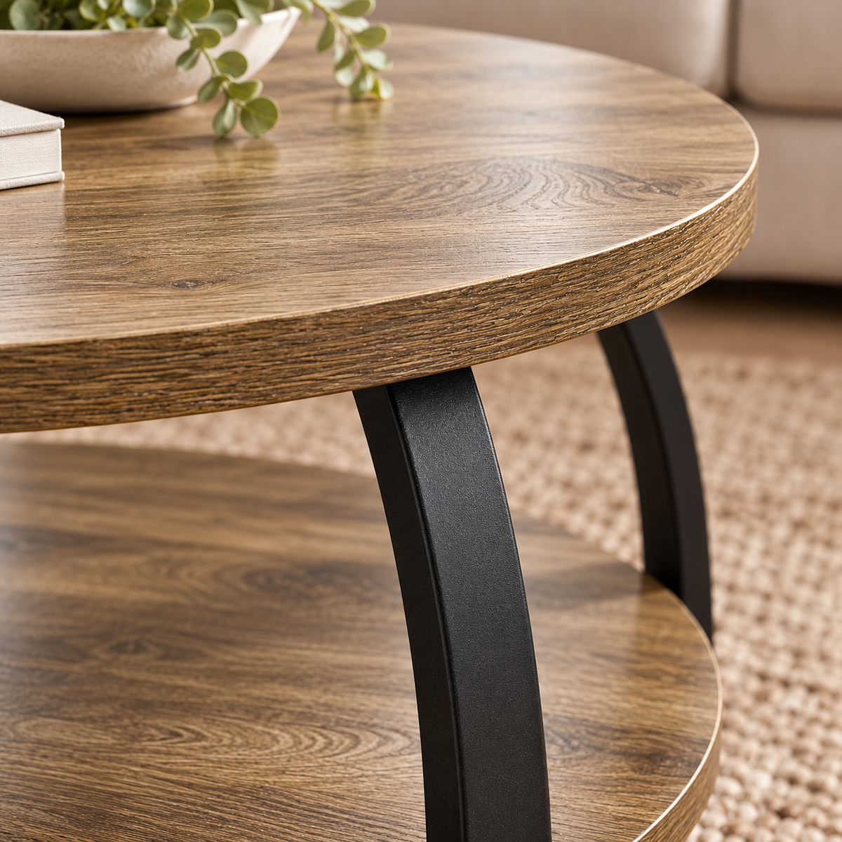 Table basse ronde 80 cm détail des plateaux effet bois et de la structure noire