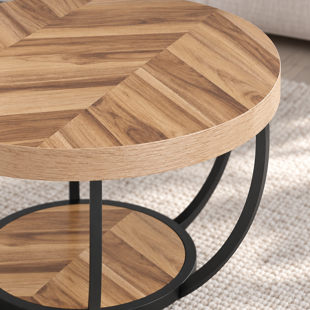Table basse ronde Duo 81 cm détail du plateau chevron et de la structure noire