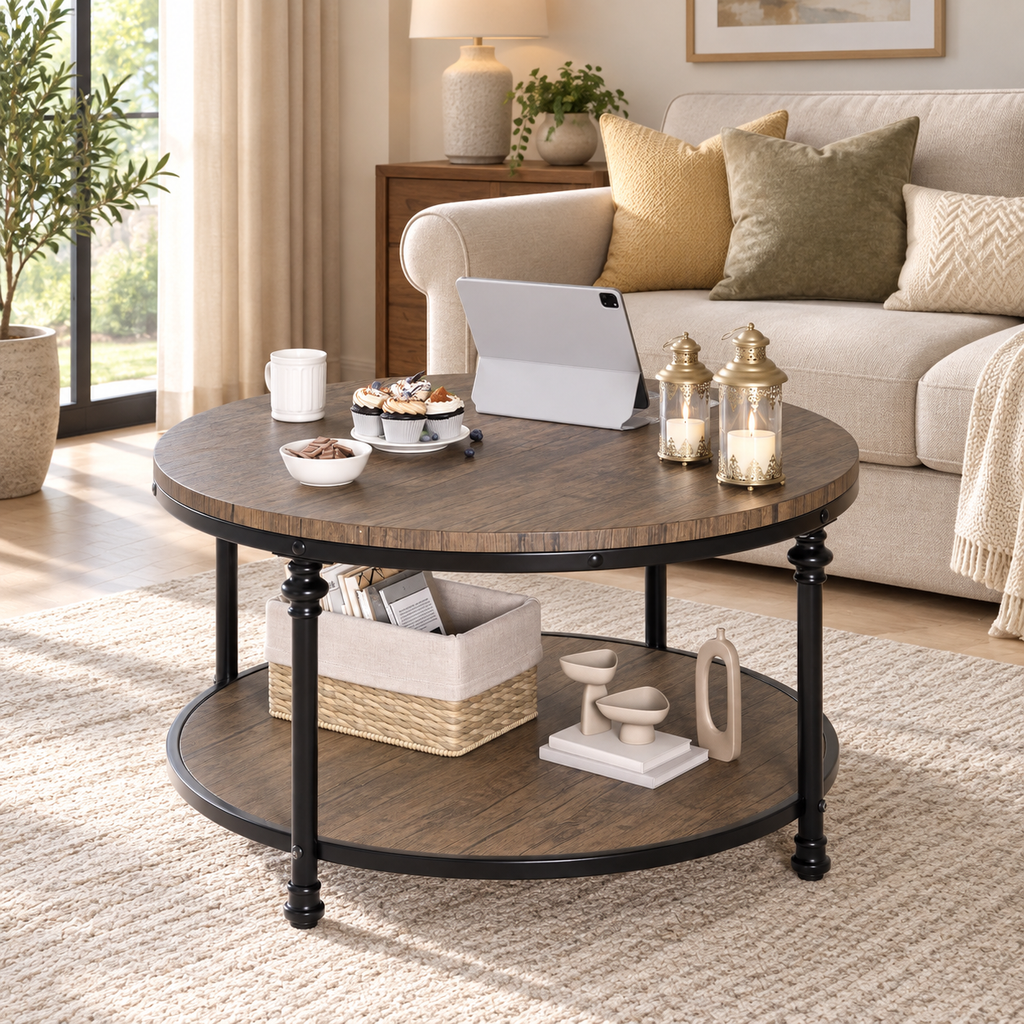 Table basse ronde Tournée 78 cm — effet bois rustique et pieds métal tournés noirs – dans une salle à manger contemporaine