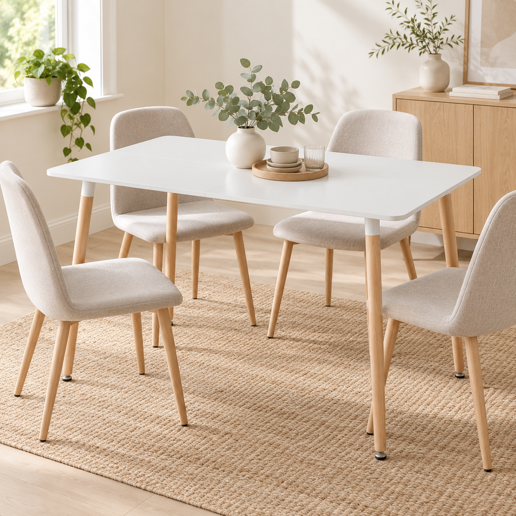 Table scandinave blanche dans une salle à manger lumineuse
