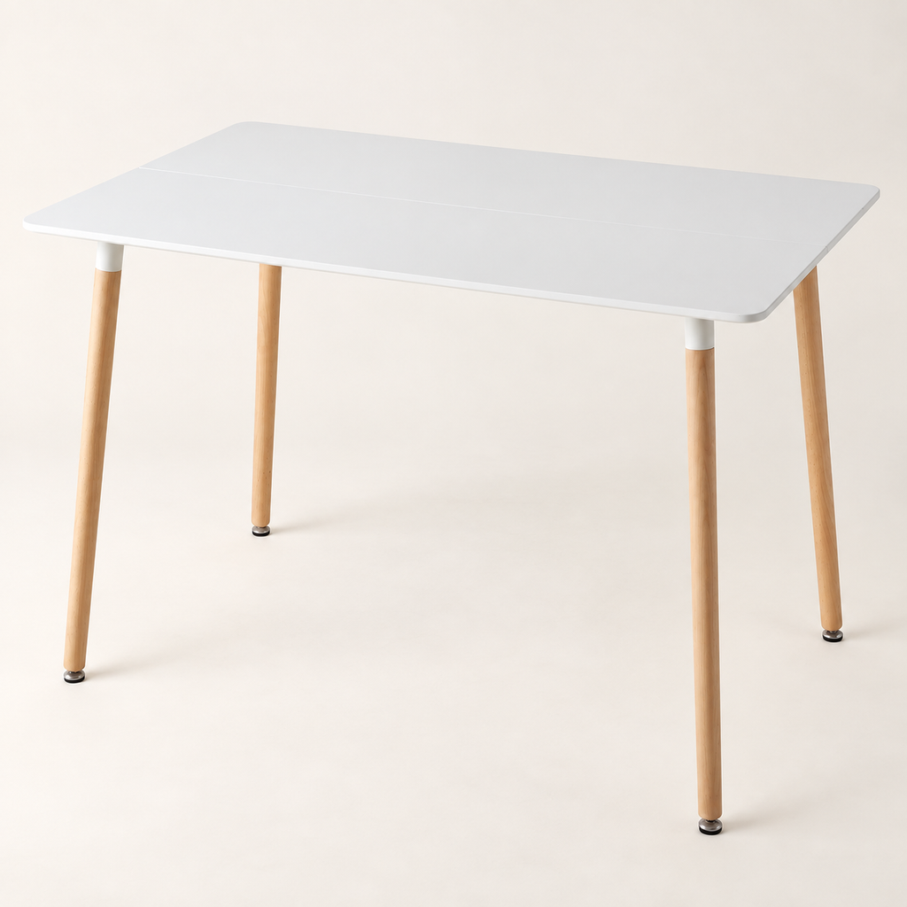 Table à manger scandinave blanche 110 cm avec pieds bois clair vue trois-quarts