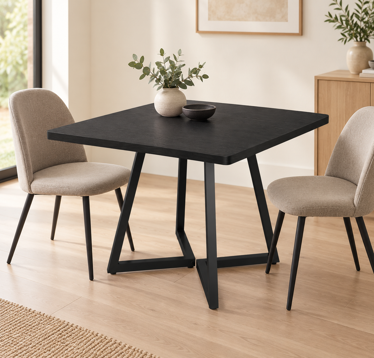 Table carrée noire 80 cm dans un coin repas contemporain