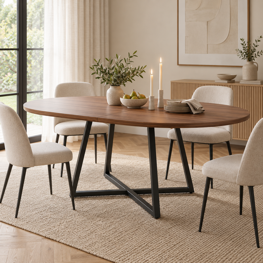 Table extensible effet noyer en configuration ovale dans une salle à manger