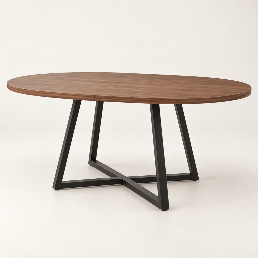 Table à manger extensible effet noyer 100 à 140 cm vue trois-quarts
