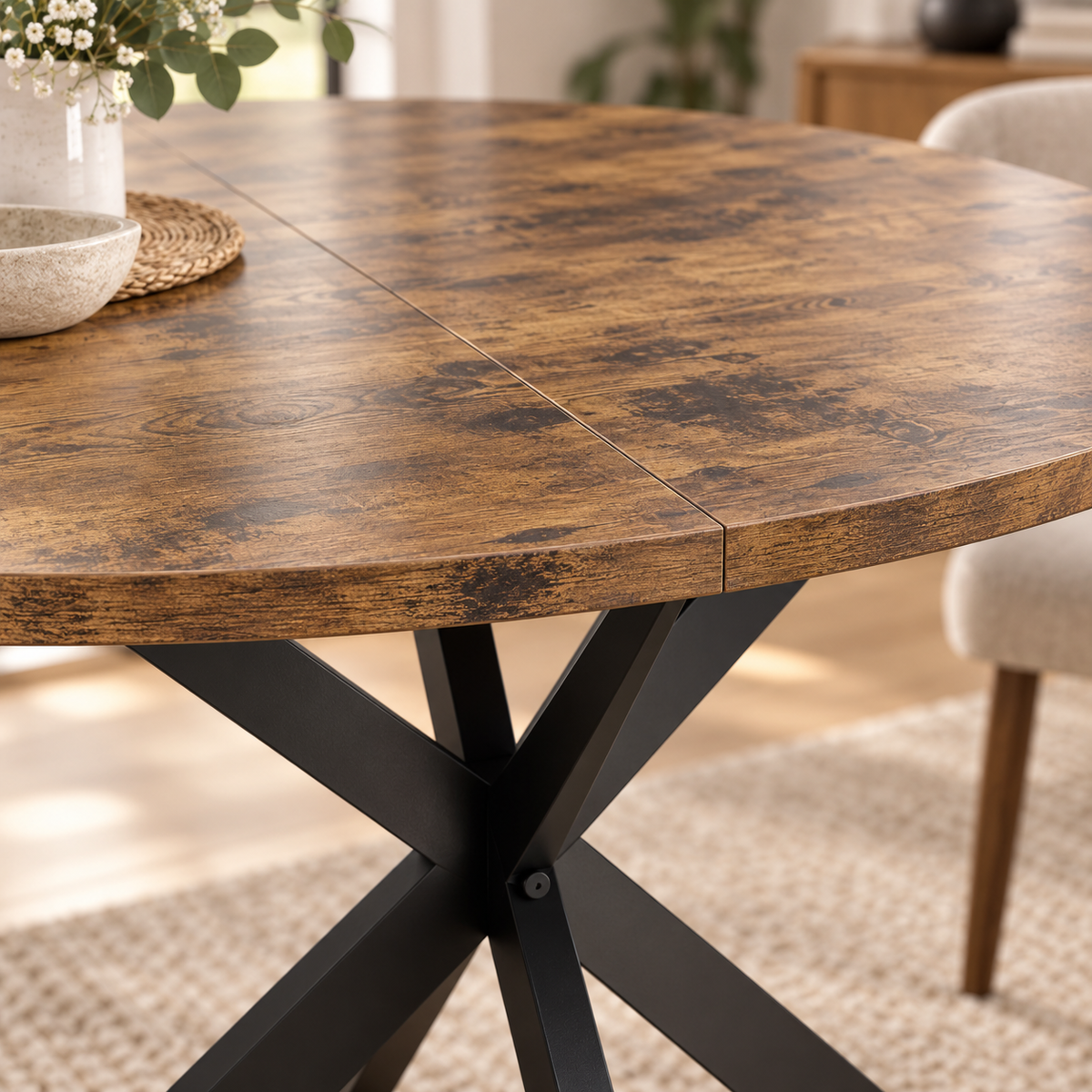 Détail du plateau effet bois rustique et du piètement étoile noir