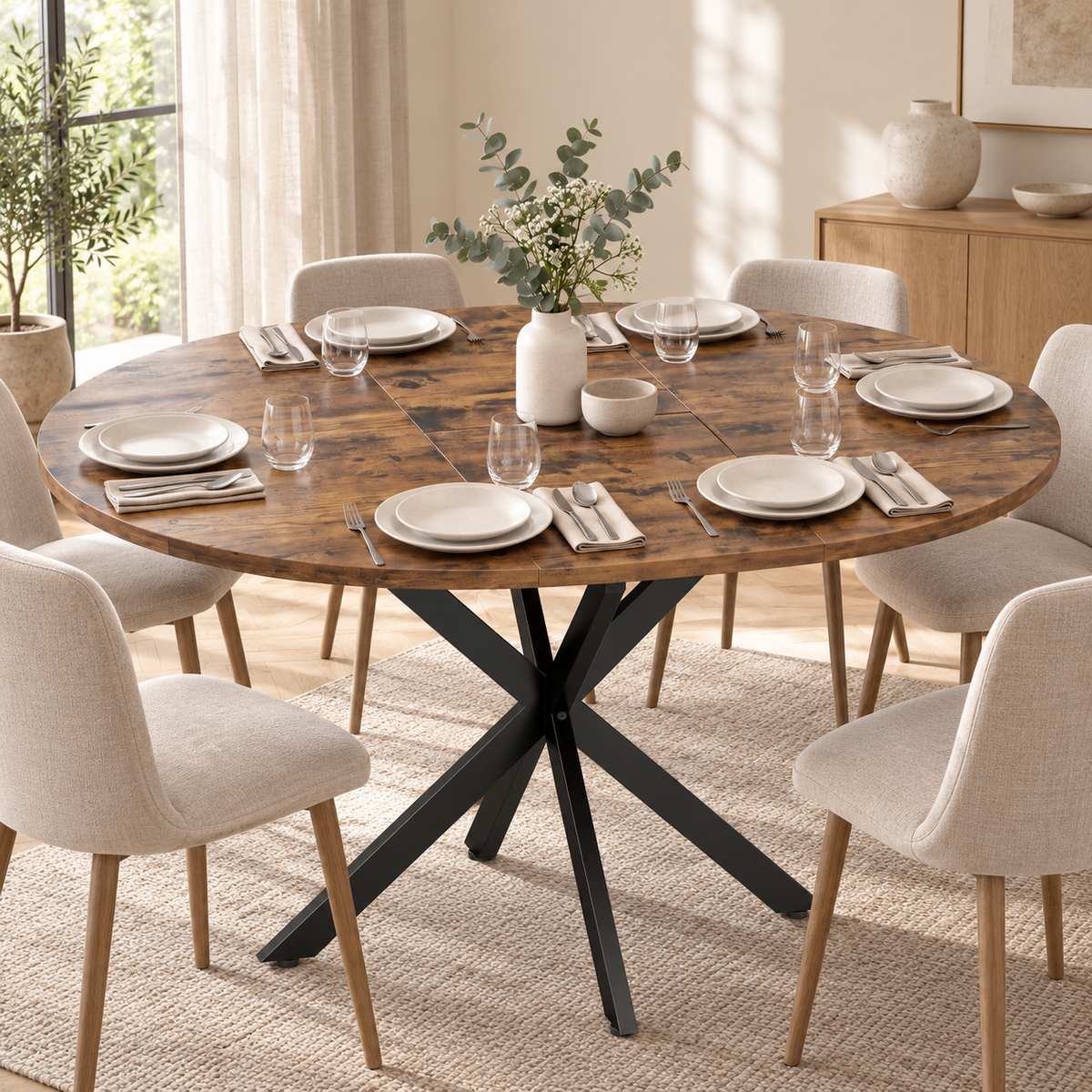 Table extensible effet bois rustique dans une salle à manger contemporaine