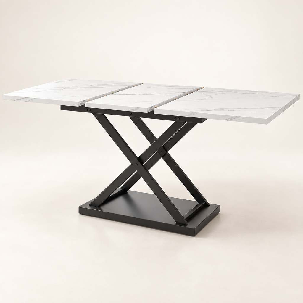 Table extensible effet marbre blanc 160 cm pied X noir vue trois-quarts