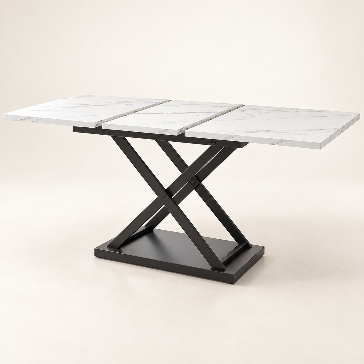 Table extensible effet marbre blanc 160 cm pied X noir vue trois-quarts