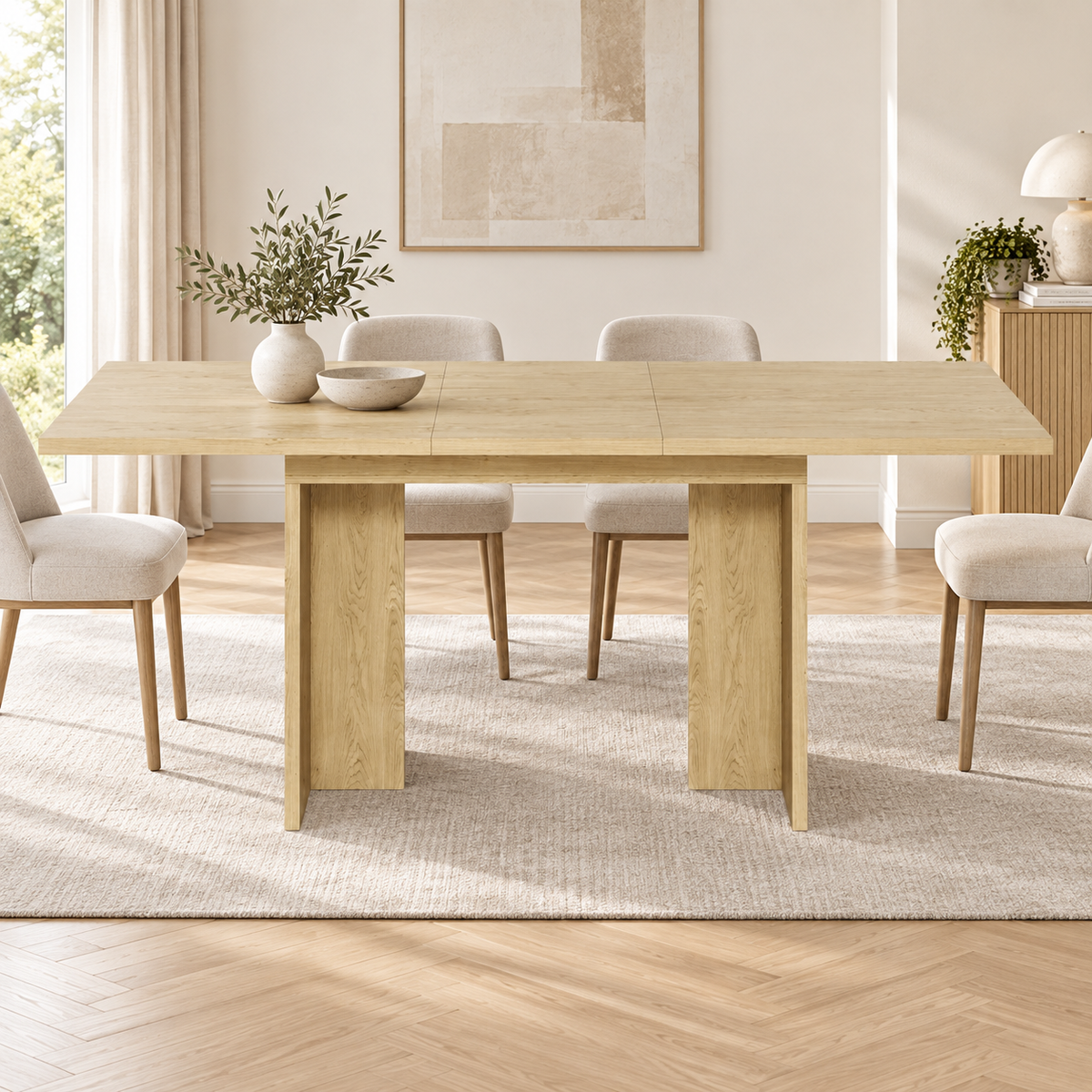 Table extensible Panneau effet chêne clair dans une salle à manger contemporaine