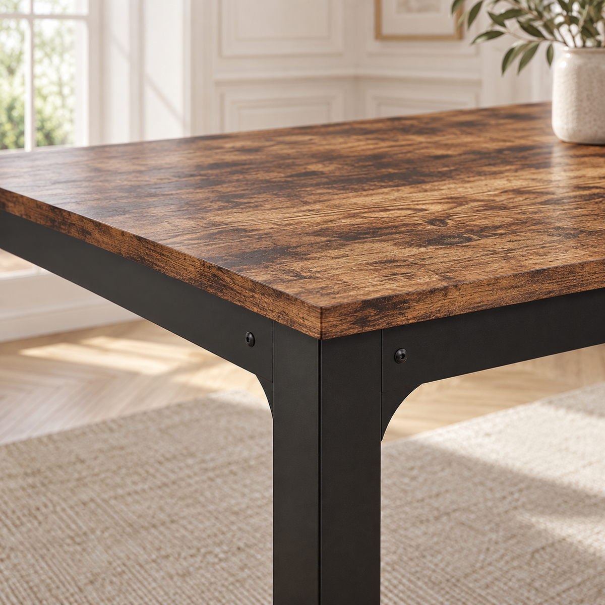 Table à manger Grande Tablée 200 cm — plateau effet bois rustique et piètement métal noir – détail de la finition