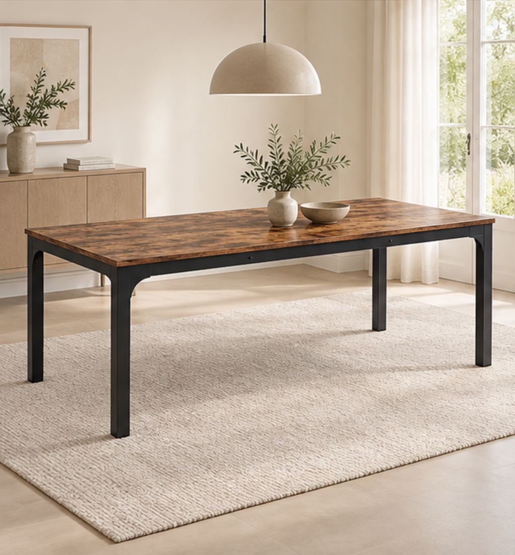 Table à manger Grande Tablée 200 cm — plateau effet bois rustique et piètement métal noir – dans une salle à manger contemporaine