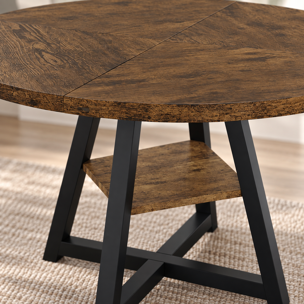 Détail du plateau effet bois rustique et du piètement métal noir de la table Rouille