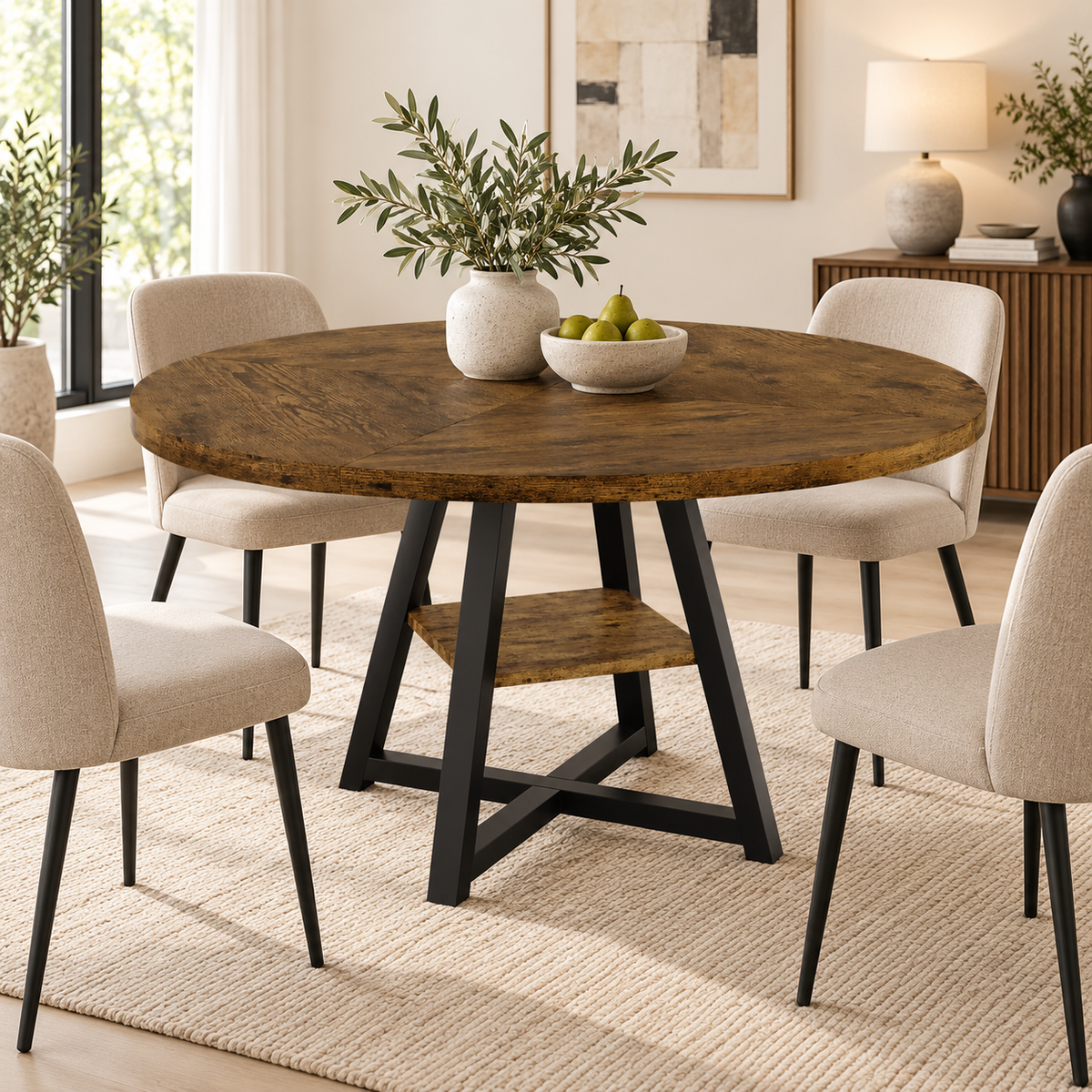 Table à manger ronde industrielle Rouille 120 cm dans une salle à manger