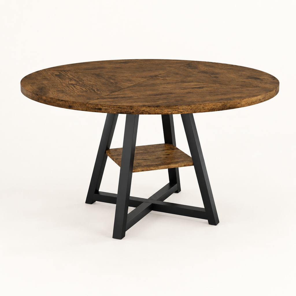 Table à manger ronde industrielle Rouille 120 cm vue trois-quarts