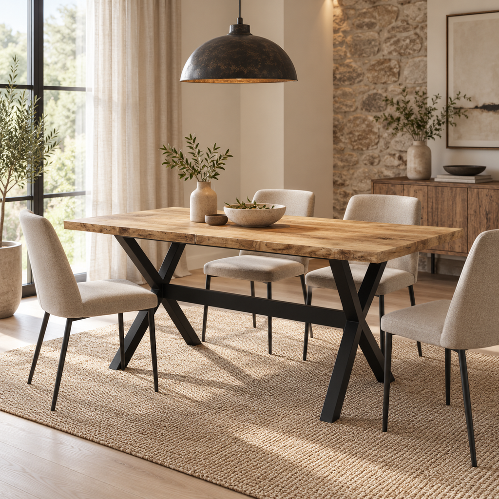 Table manguier massif 140 cm à pieds en X dans une salle à manger