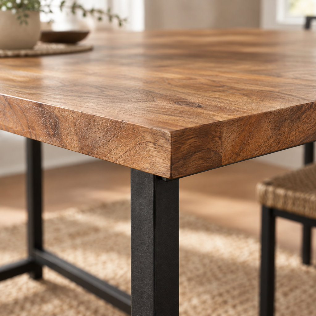 Détail du plateau en manguier et du pied métal noir de la table 160 cm