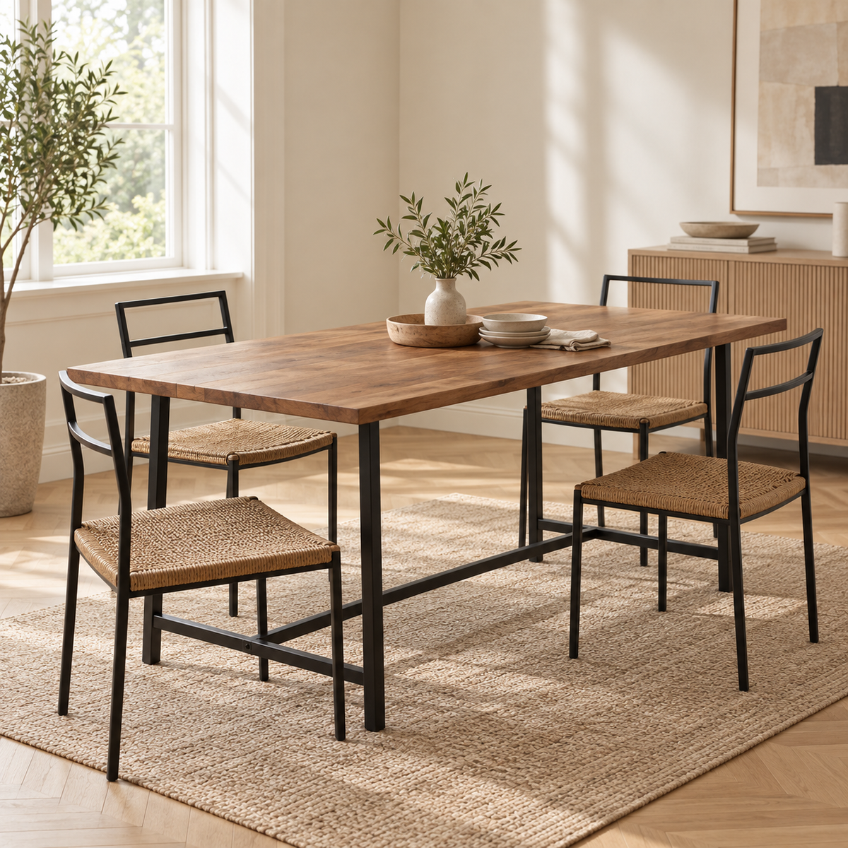 Table à manger en manguier massif 160 cm dans une salle à manger contemporaine