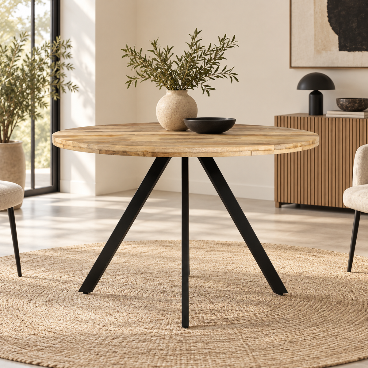 Table ronde en manguier dans une salle à manger contemporaine
