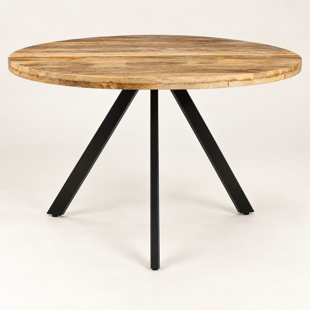 Table à manger en manguier avec piètement araignée noir vue trois-quarts