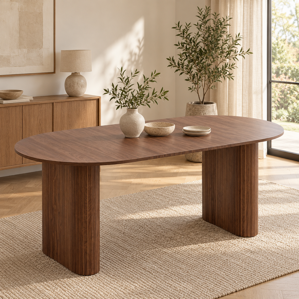 Table ovale noyer à pieds cannelés dans une salle à manger contemporaine