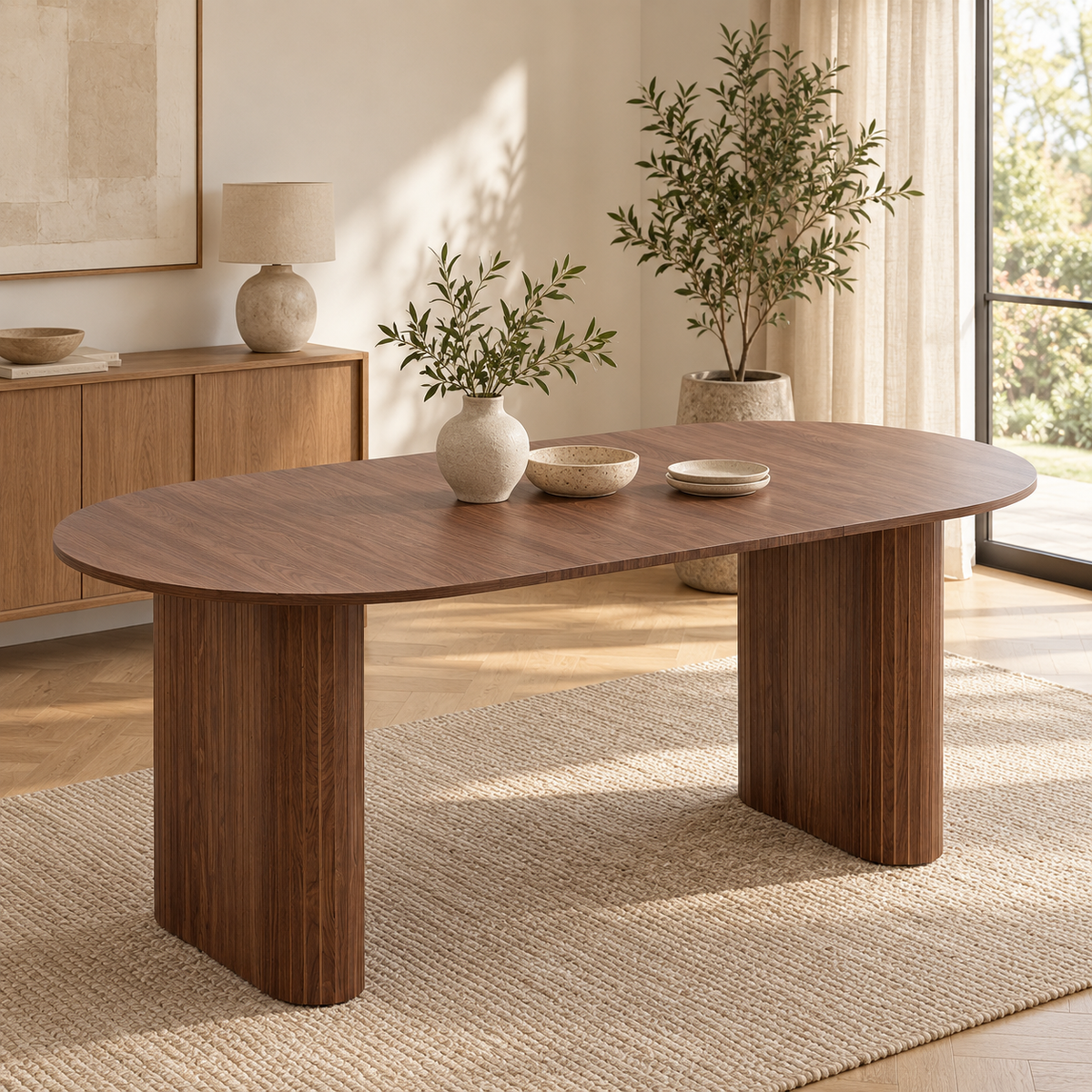 Table ovale noyer à pieds cannelés dans une salle à manger contemporaine