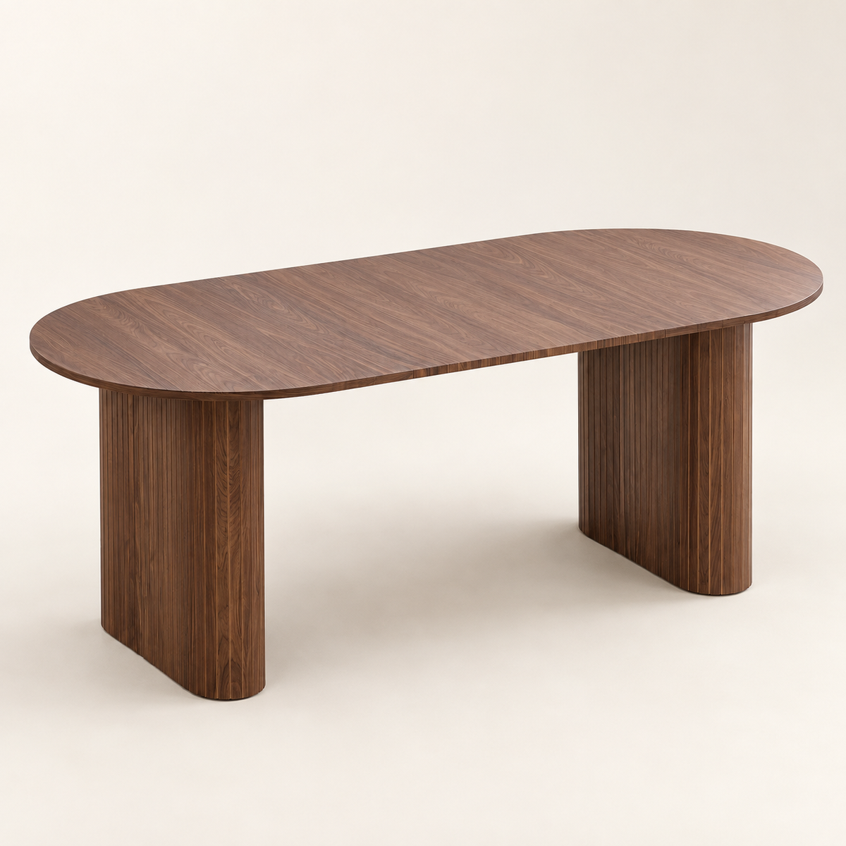 Table à manger ovale noyer 180 cm avec deux pieds cannelés vue trois-quarts