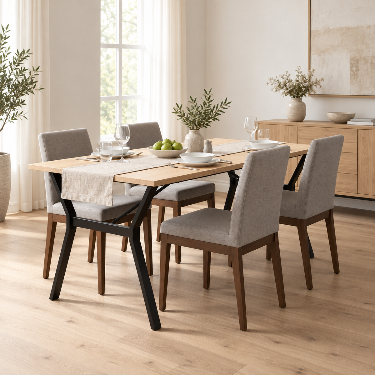 Table en pin massif 180 cm dans une salle à manger contemporaine
