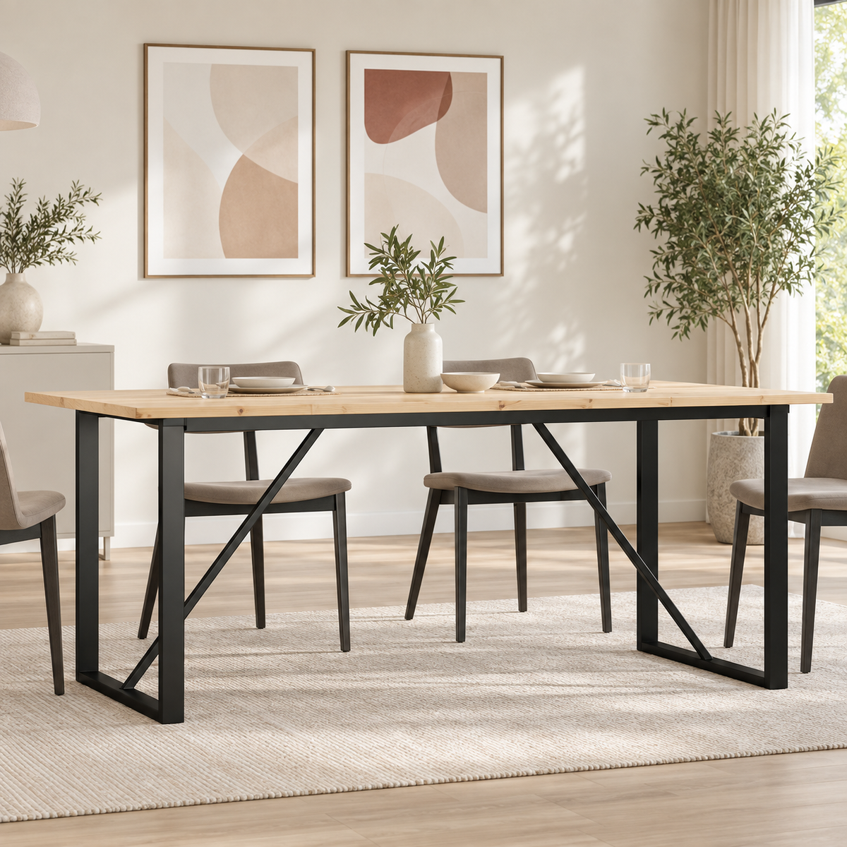 Table en pin massif 180 cm dans une salle à manger lumineuse