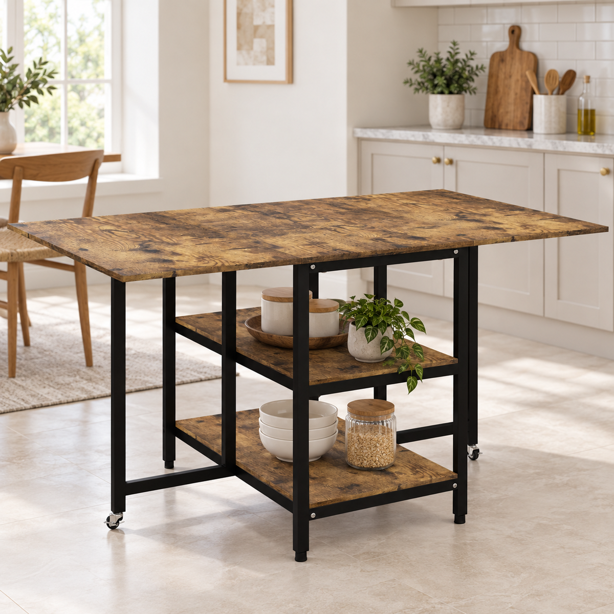 Table de cuisine industrielle avec rangements dans un intérieur lumineux