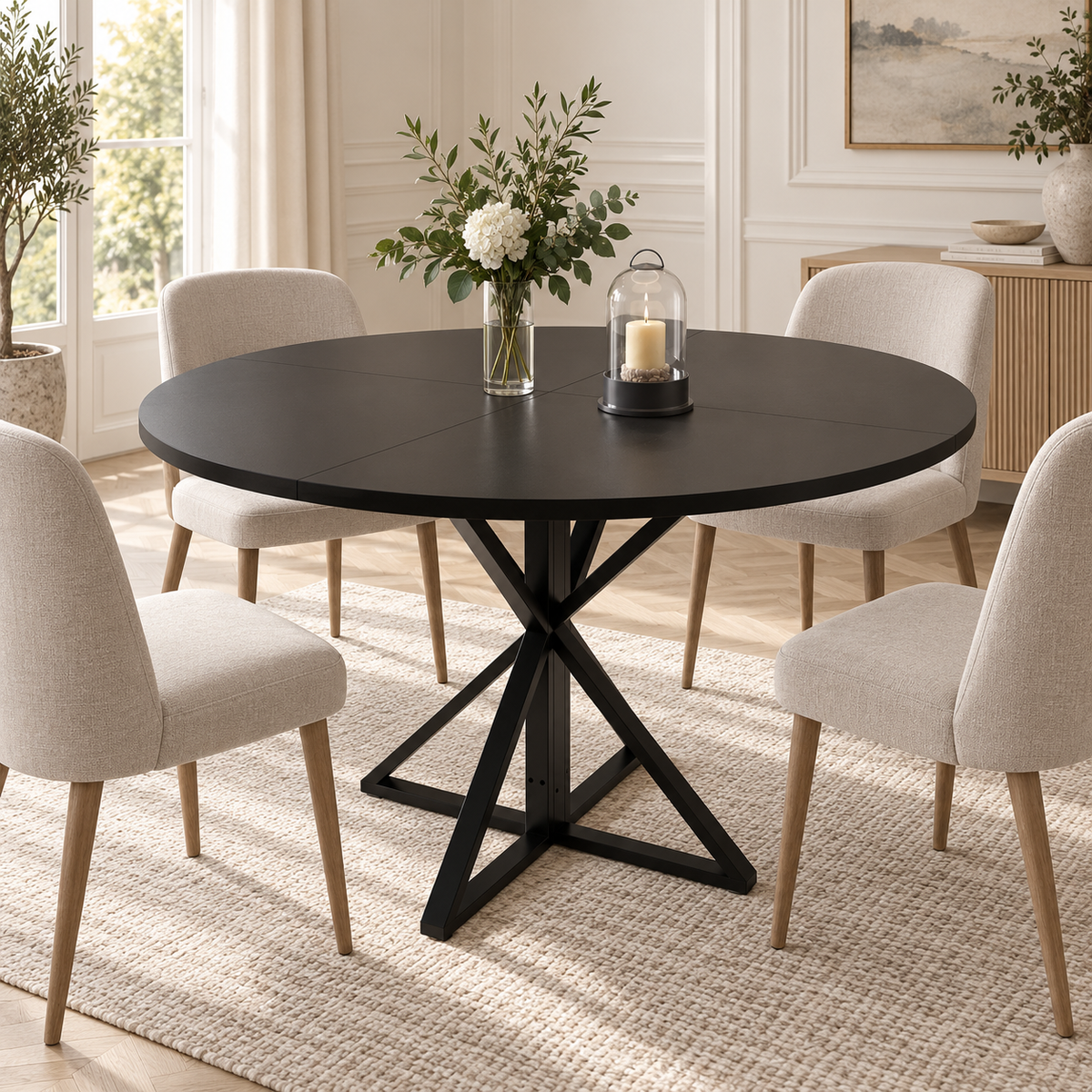 Table à manger ronde Araignée 120 cm — plateau noir et piètement métal croisé – dans une salle à manger contemporaine