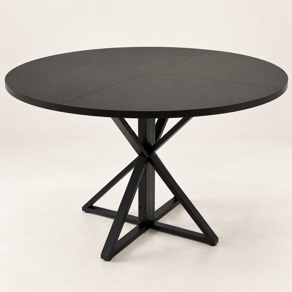 Table à manger ronde Araignée 120 cm — plateau noir et piètement métal croisé – vue trois-quarts sur fond blanc cassé