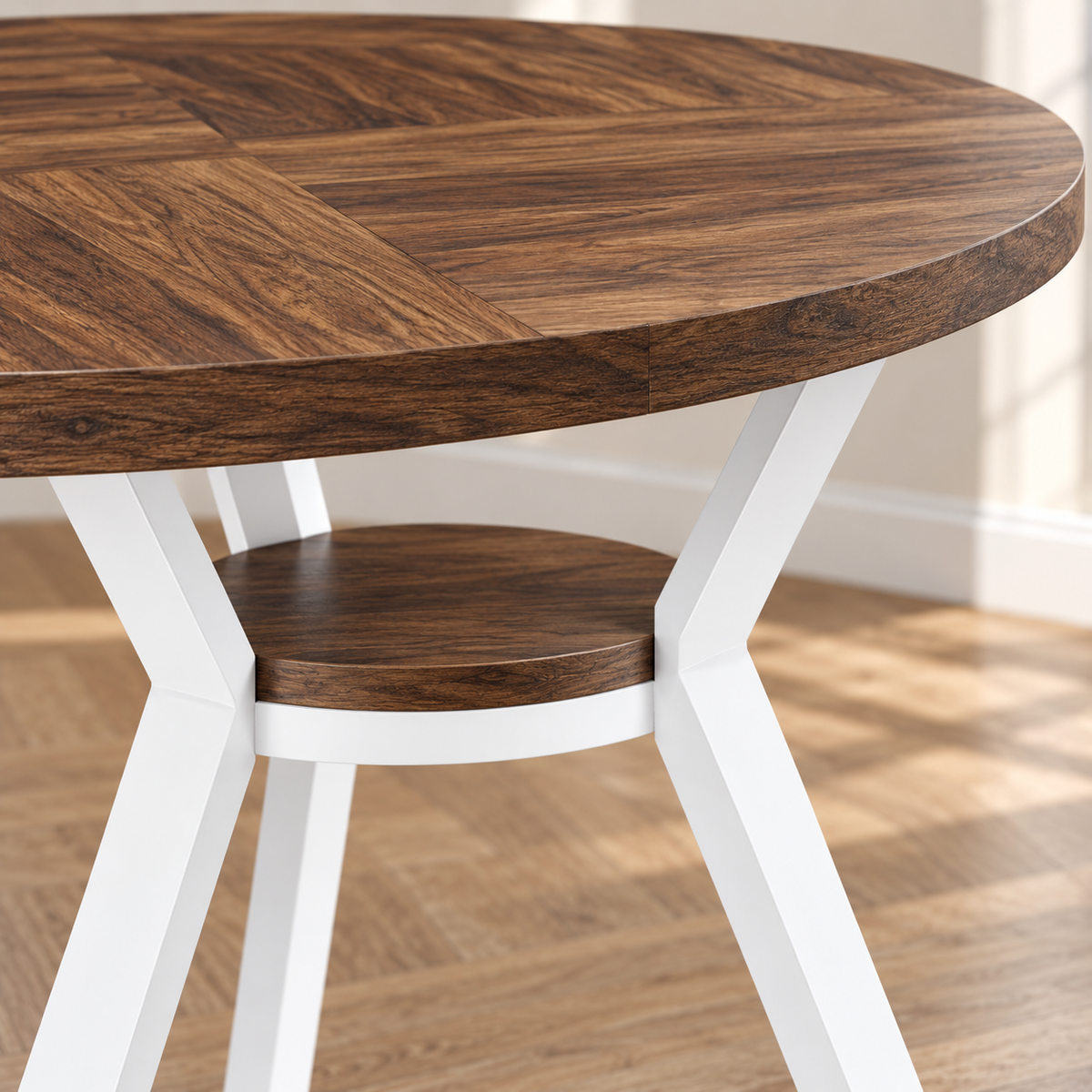 Détail du plateau effet bois, des pieds blancs et de la tablette de la table Halden