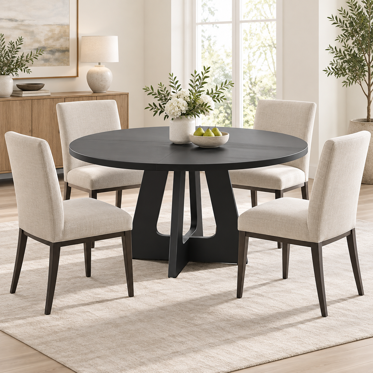 Table ronde noire dans une salle à manger contemporaine
