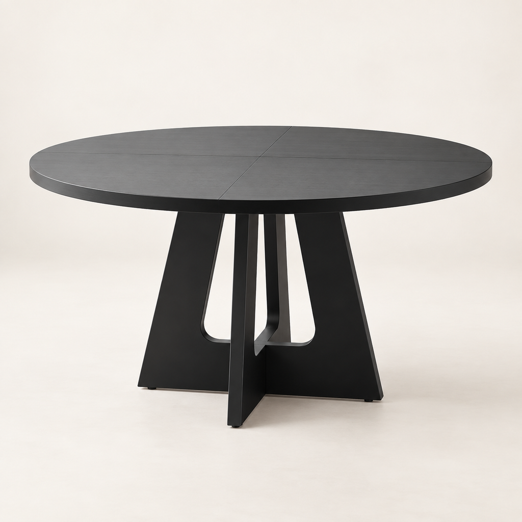 Table à manger ronde noire 120 cm avec piètement sculptural vue trois-quarts