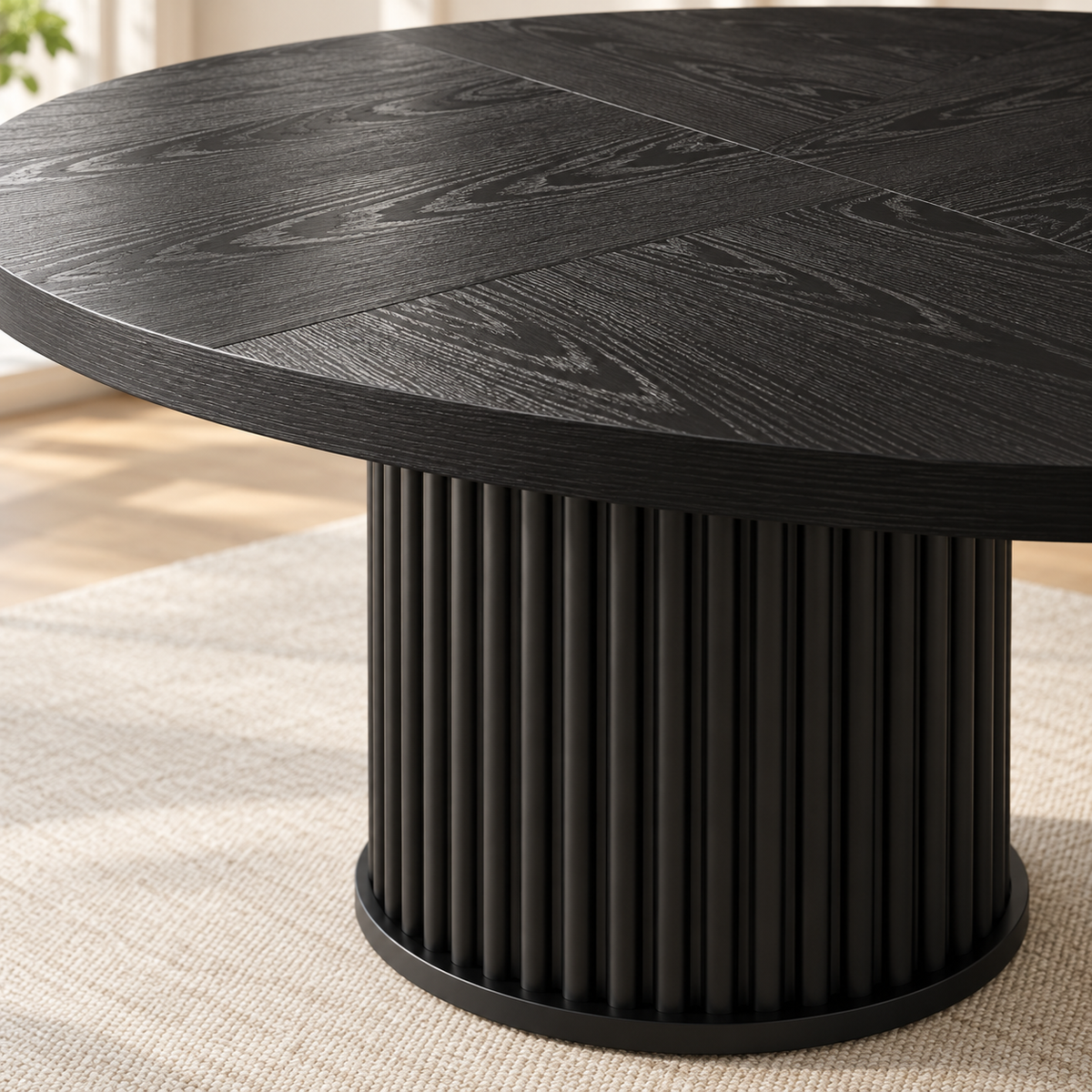Détail du plateau noir et du piètement cylindrique cannelé