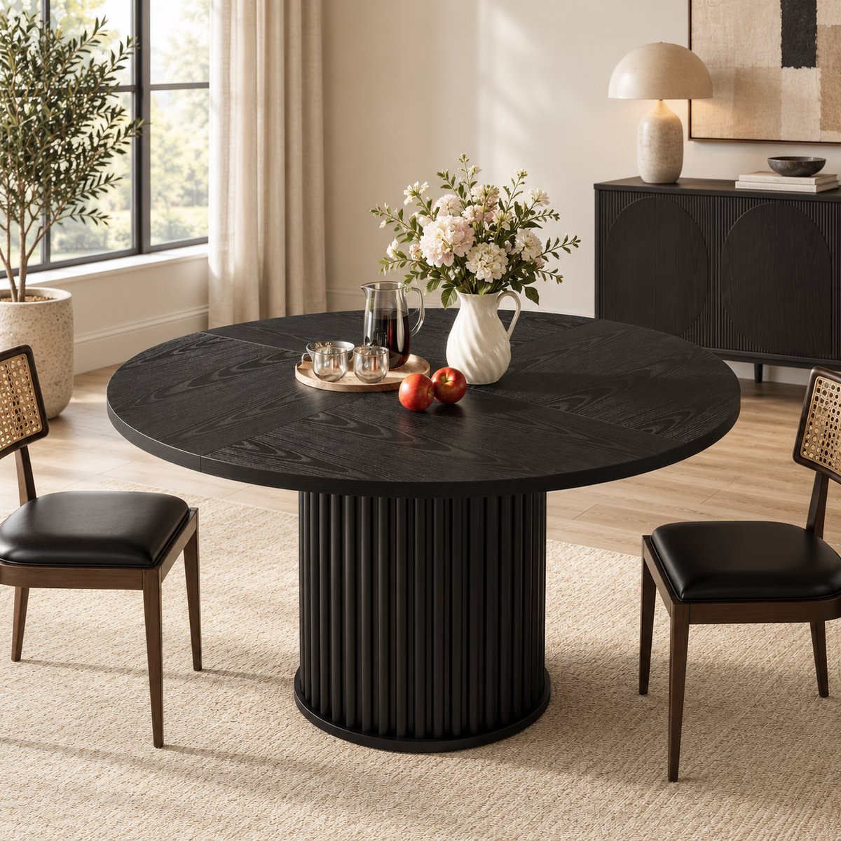Table ronde noire à pied cannelé dans une salle à manger contemporaine