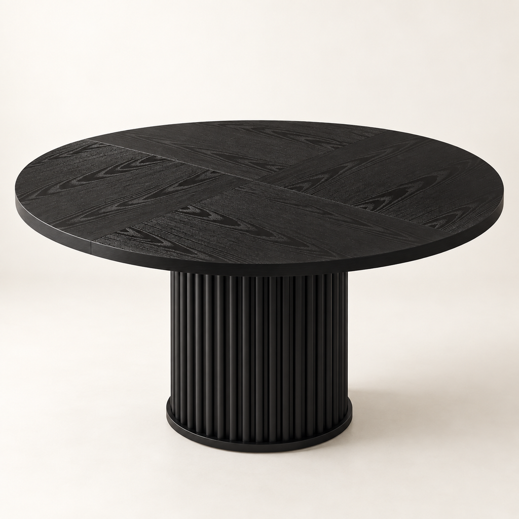 Table à manger ronde noire 120 cm à pied central cannelé vue trois-quarts