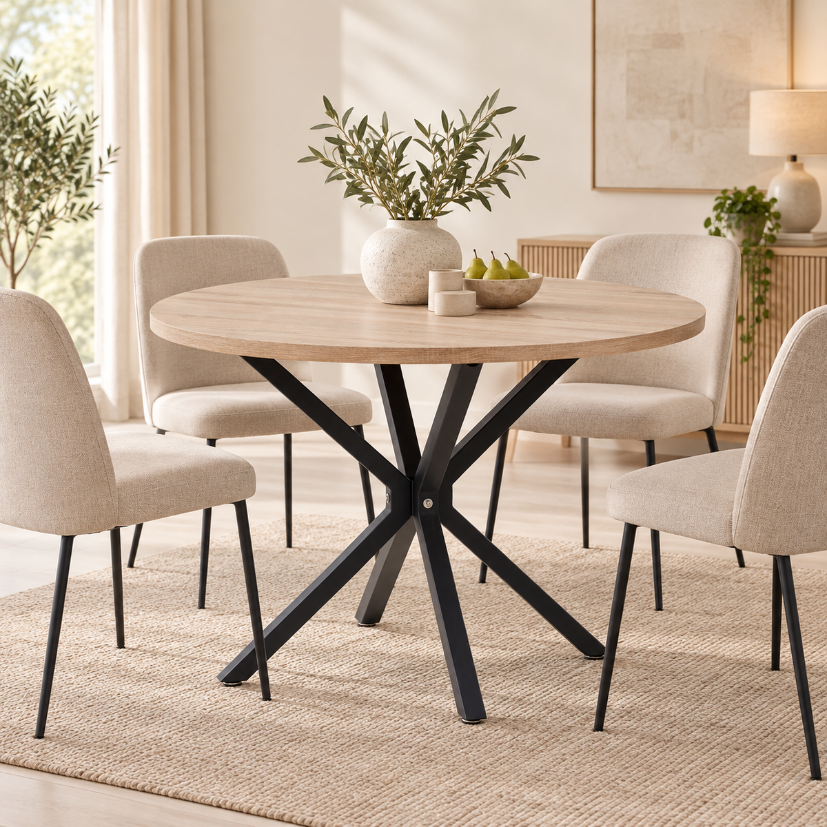 Table ronde chêne clair dans une salle à manger contemporaine