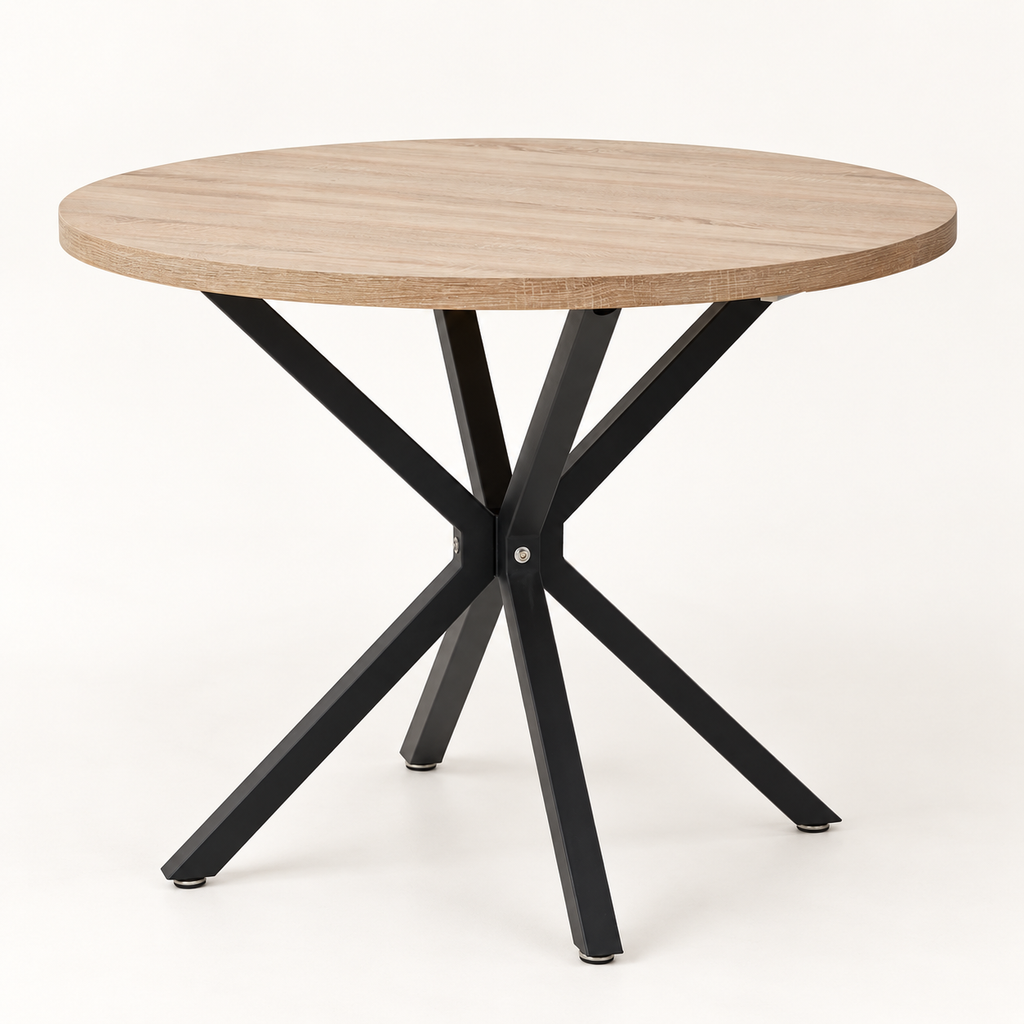 Table à manger ronde chêne clair 100 cm avec piètement araignée noir vue trois-quarts