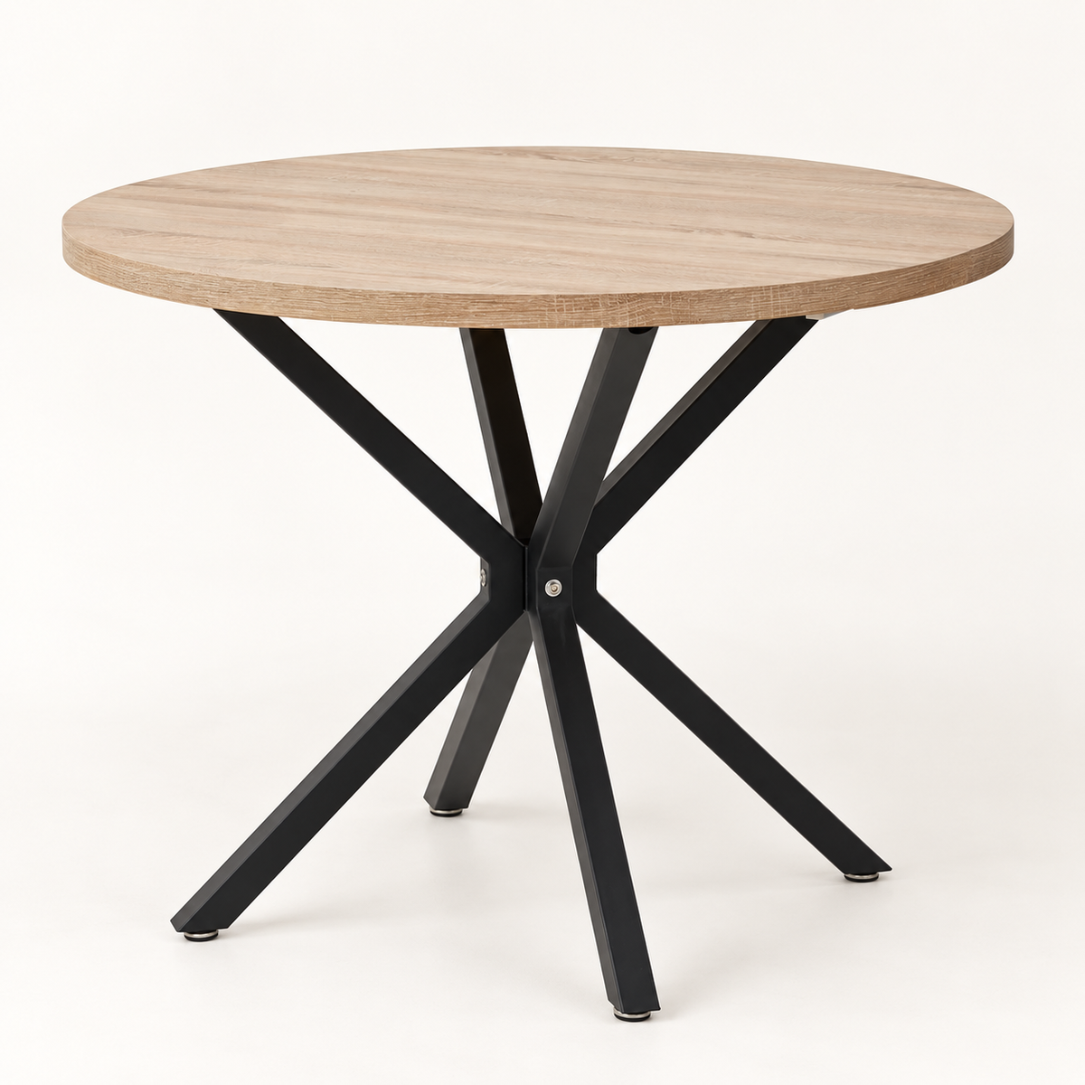 Table à manger ronde chêne clair 100 cm avec piètement araignée noir vue trois-quarts
