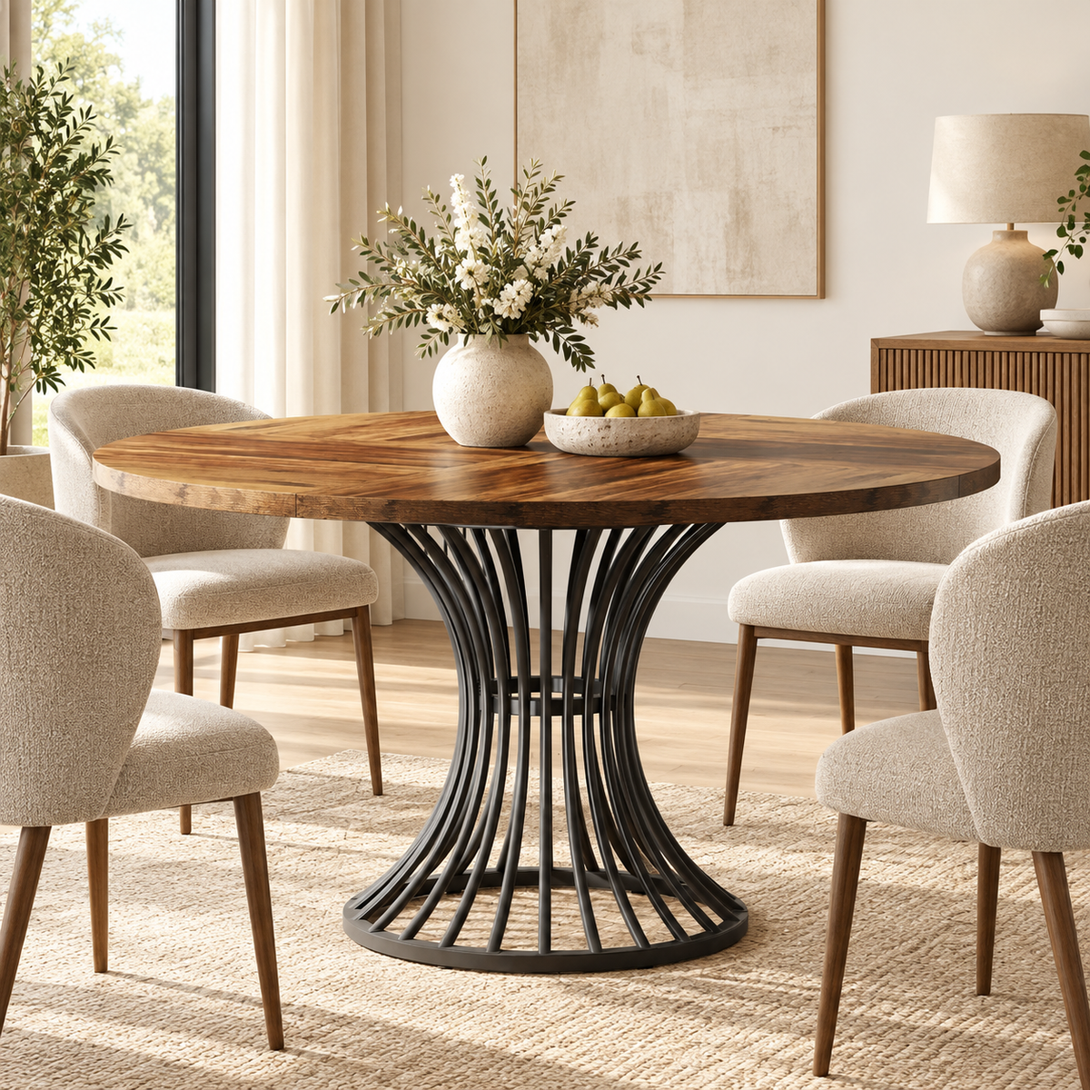 Table ronde à piètement cage noir dans une salle à manger contemporaine